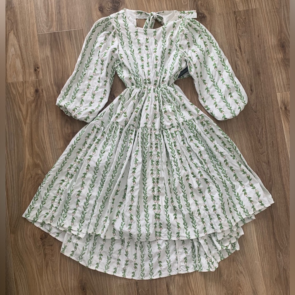 Sister Jane Garland Open Back Midi Dress Green Floral Embroidered Puff Sleeve S